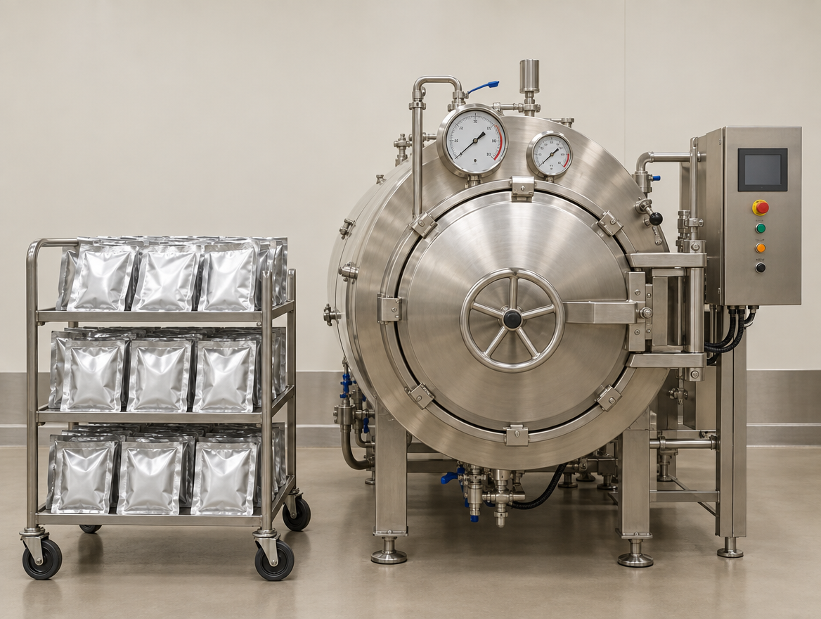 A steel retort pressure vessel with gauges beside a trolley of silver retort pouches