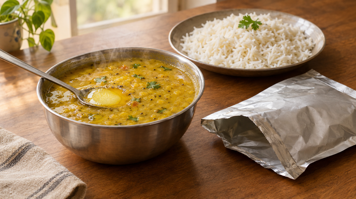 A steel bowl of Gujarati dal with ghee beside an opened silver retort pouch and a plate of rice