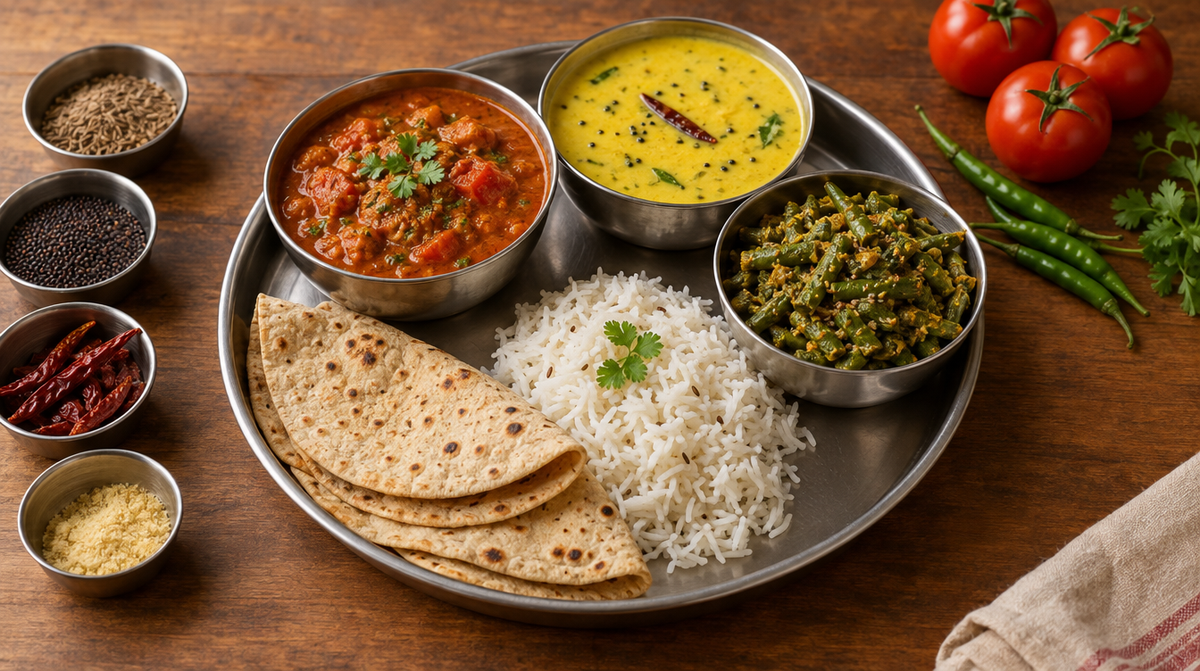 A Jain meal on a steel plate with tomato curry, kadhi, bean curry, rice and rotlis, and whole spices