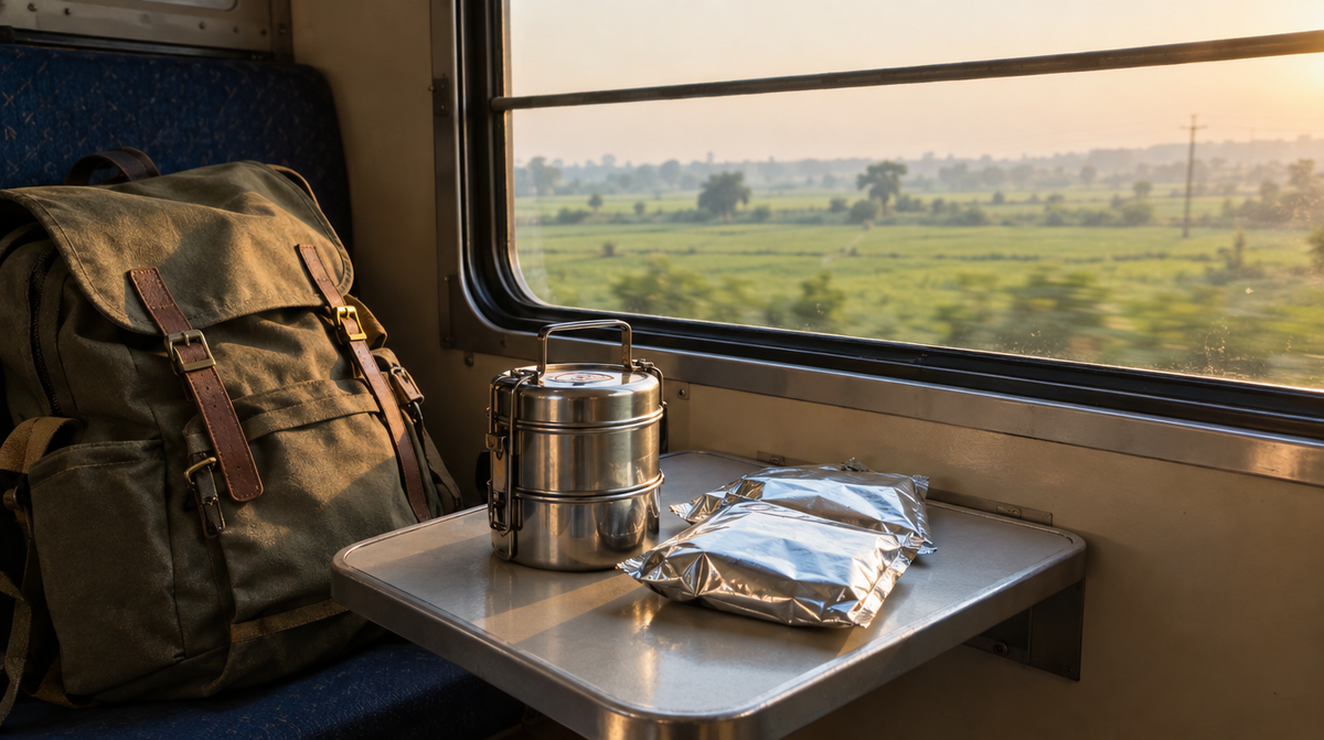 A train window seat with a backpack, a steel tiffin and silver food pouches, green fields outside