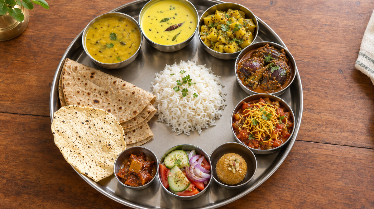 A Gujarati thali on a steel plate with dal, kadhi, shaak, rice, rotli, papad, pickle and salad
