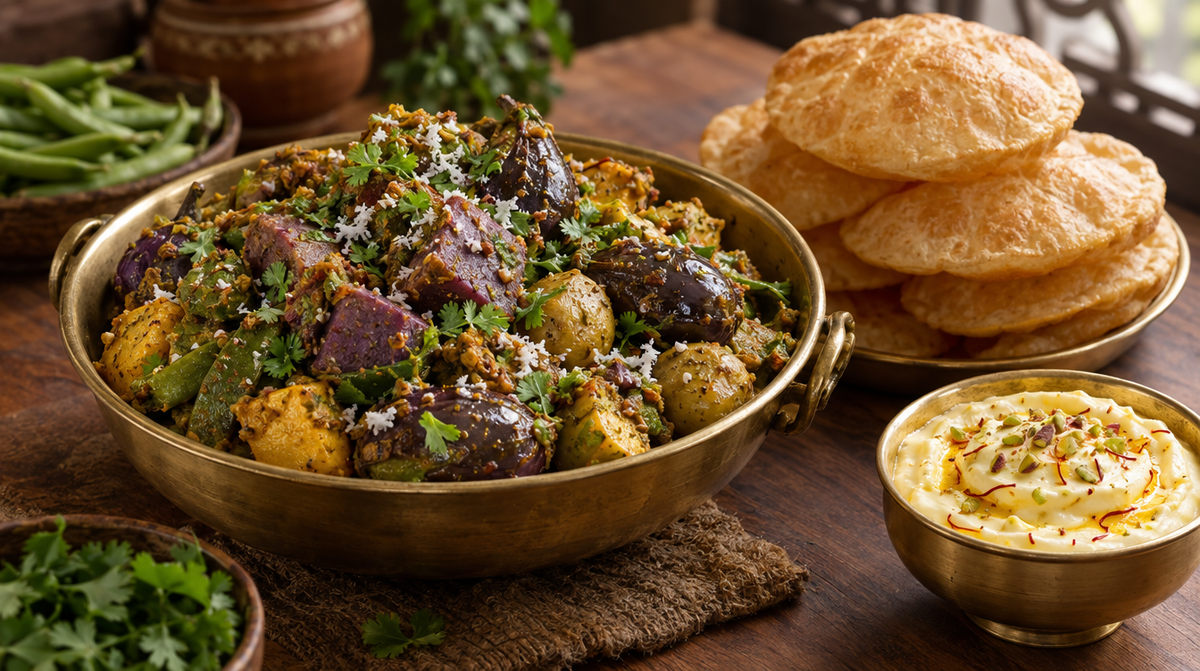 A brass bowl of undhiyu with purple yam, sweet potato, potatoes and brinjal, served with puris and shrikhand