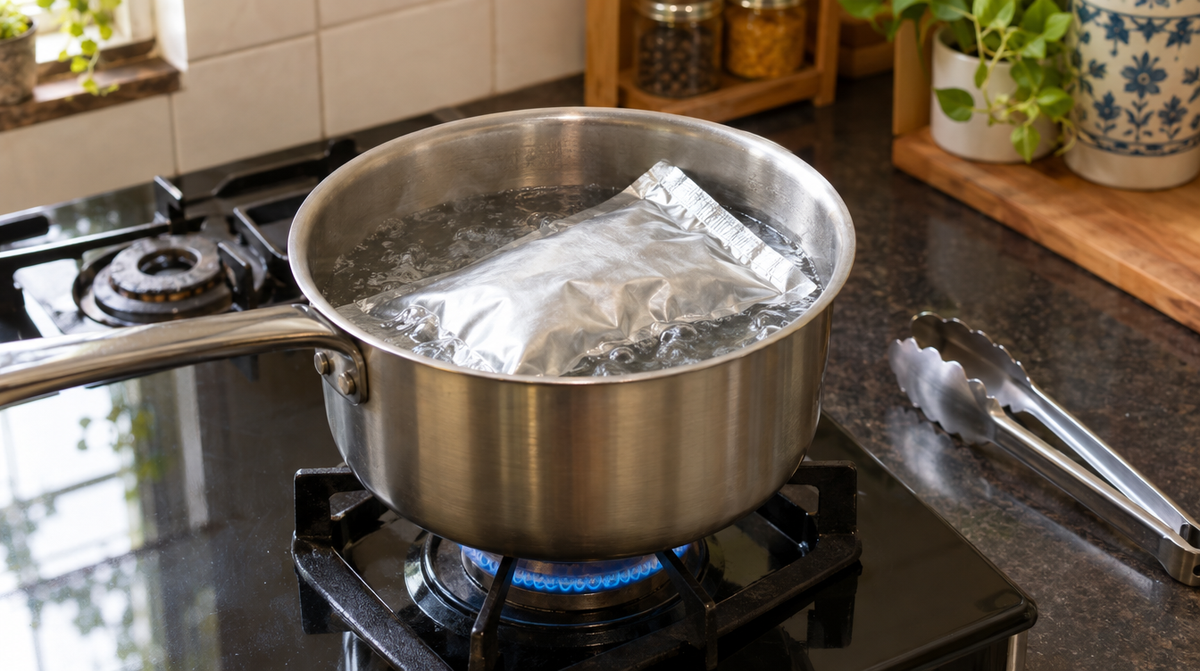 A sealed silver food pouch heating in a saucepan of boiling water on a gas stove