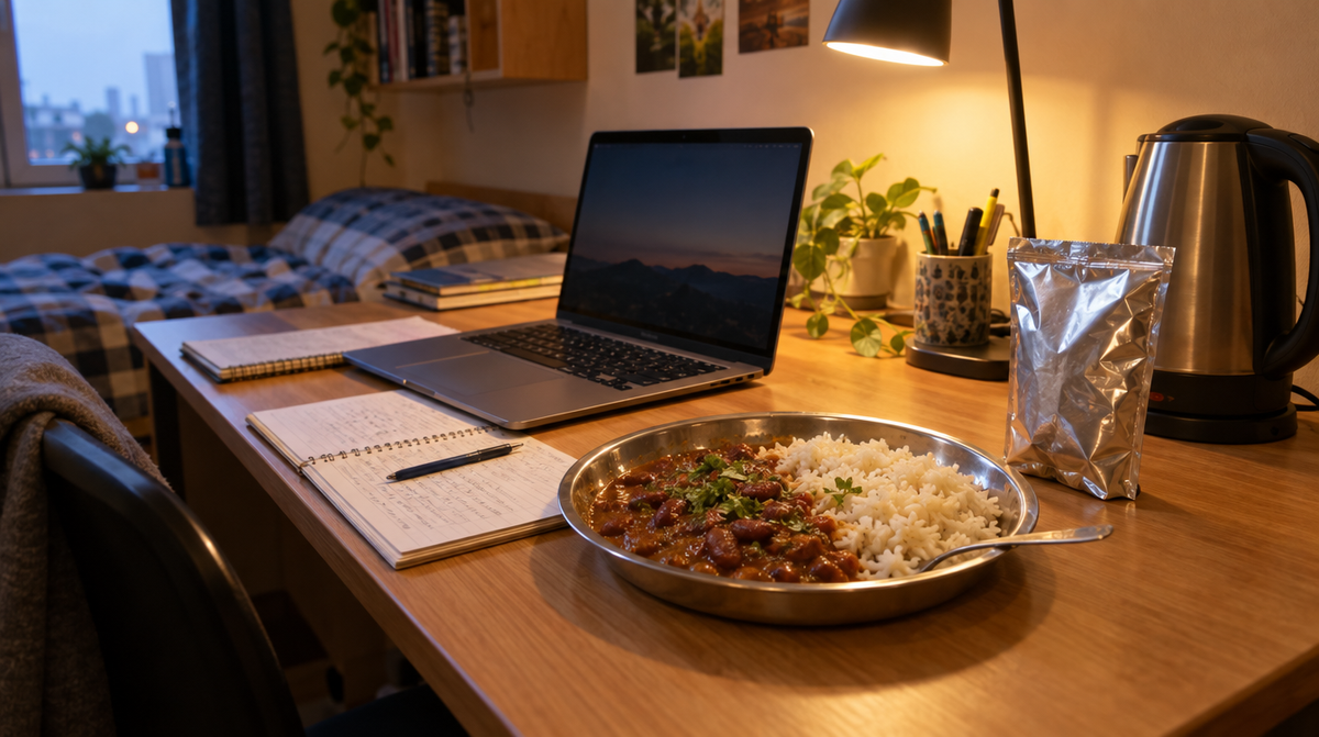 A hostel study desk with a laptop, a plate of rajma chawal, a silver food pouch and an electric kettle