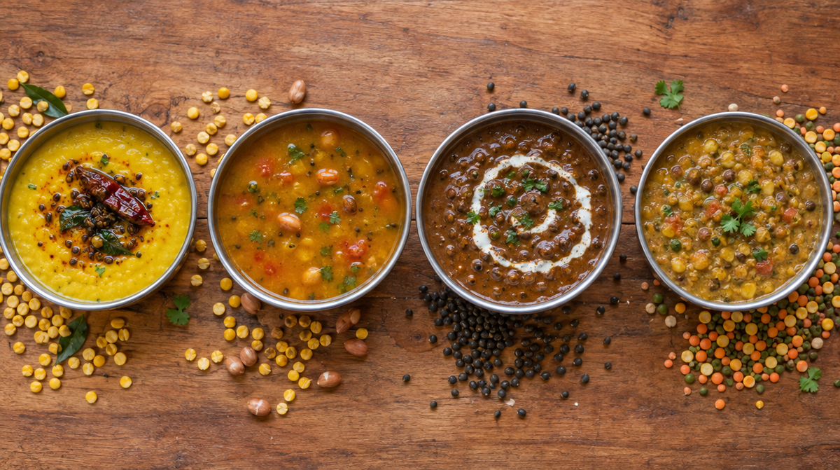 Four bowls of different Indian dals side by side with raw lentils scattered between them