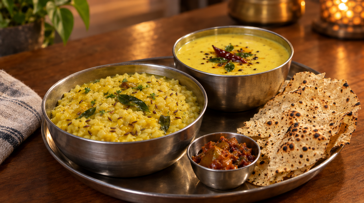 A bowl of khichdi and a bowl of yellow kadhi with papad and pickle on a wooden table