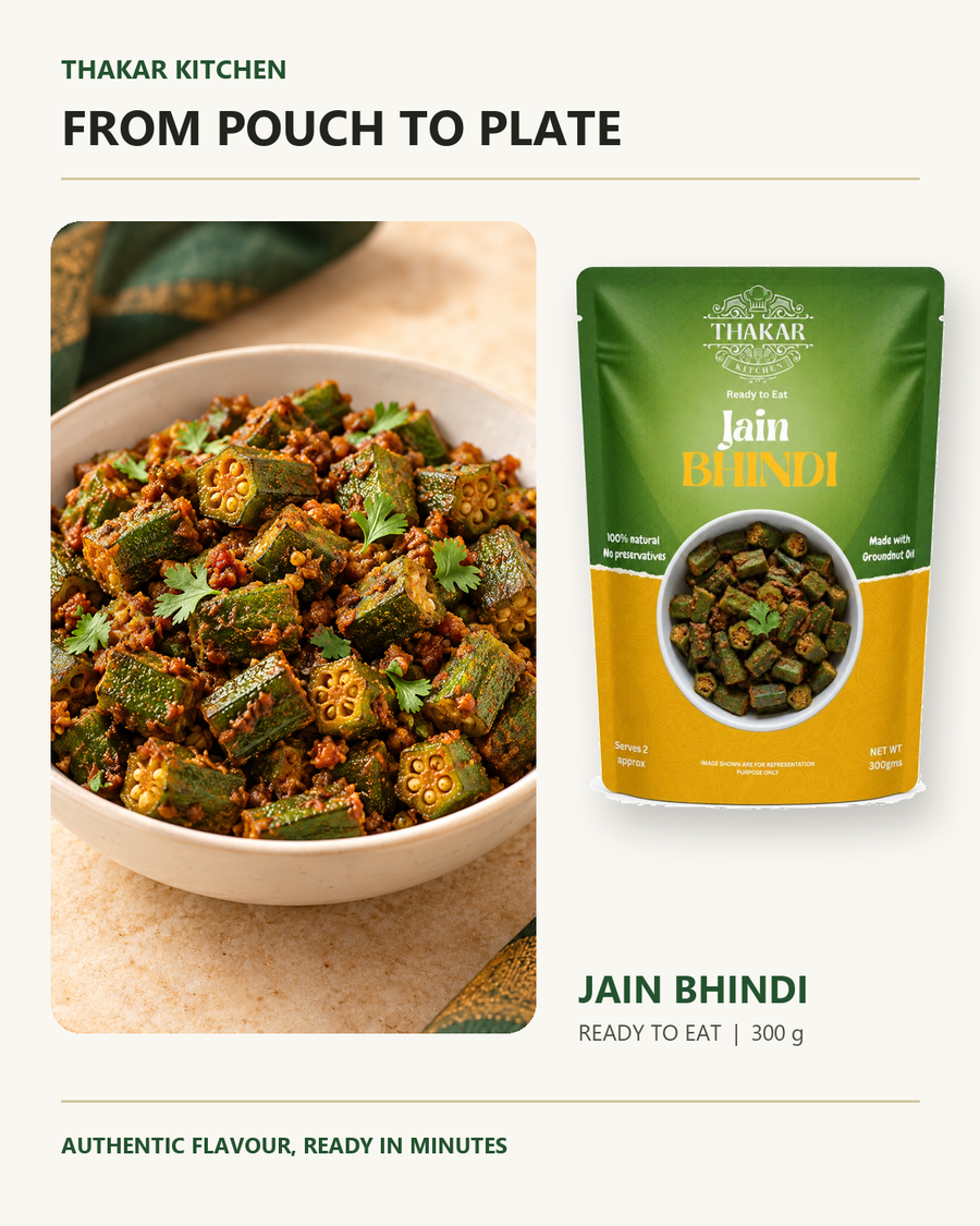 Thakar Kitchen Jain Bhindi pouch beside prepared dish