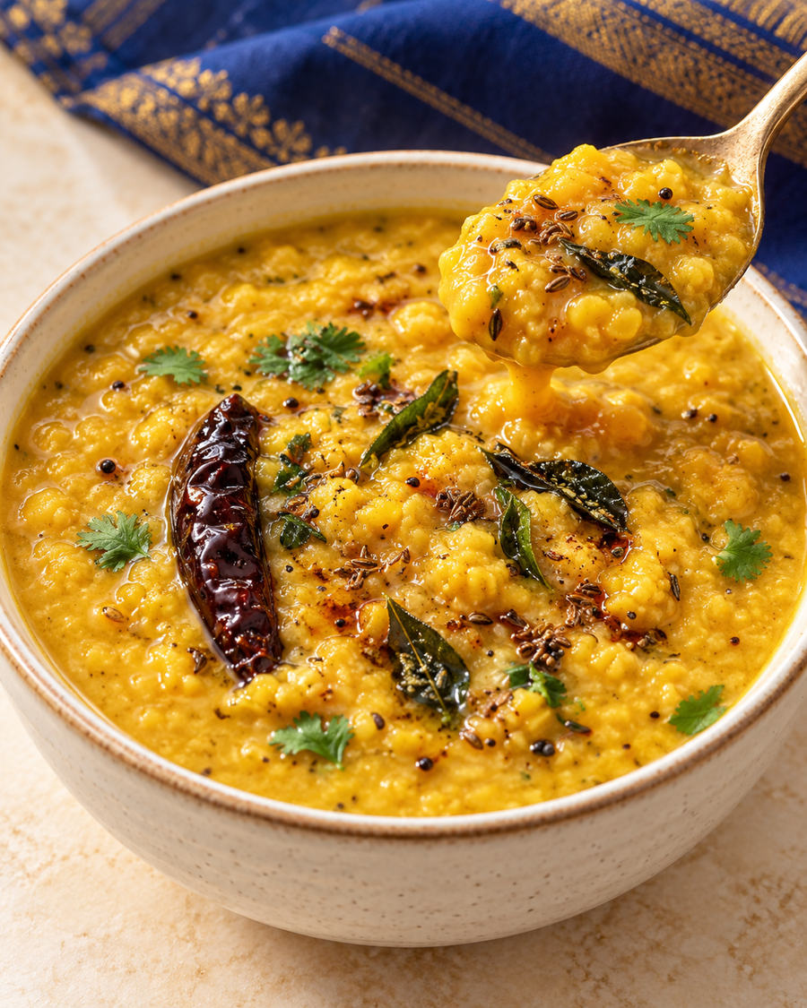 Close view of Jain Dal Fry and lentil texture