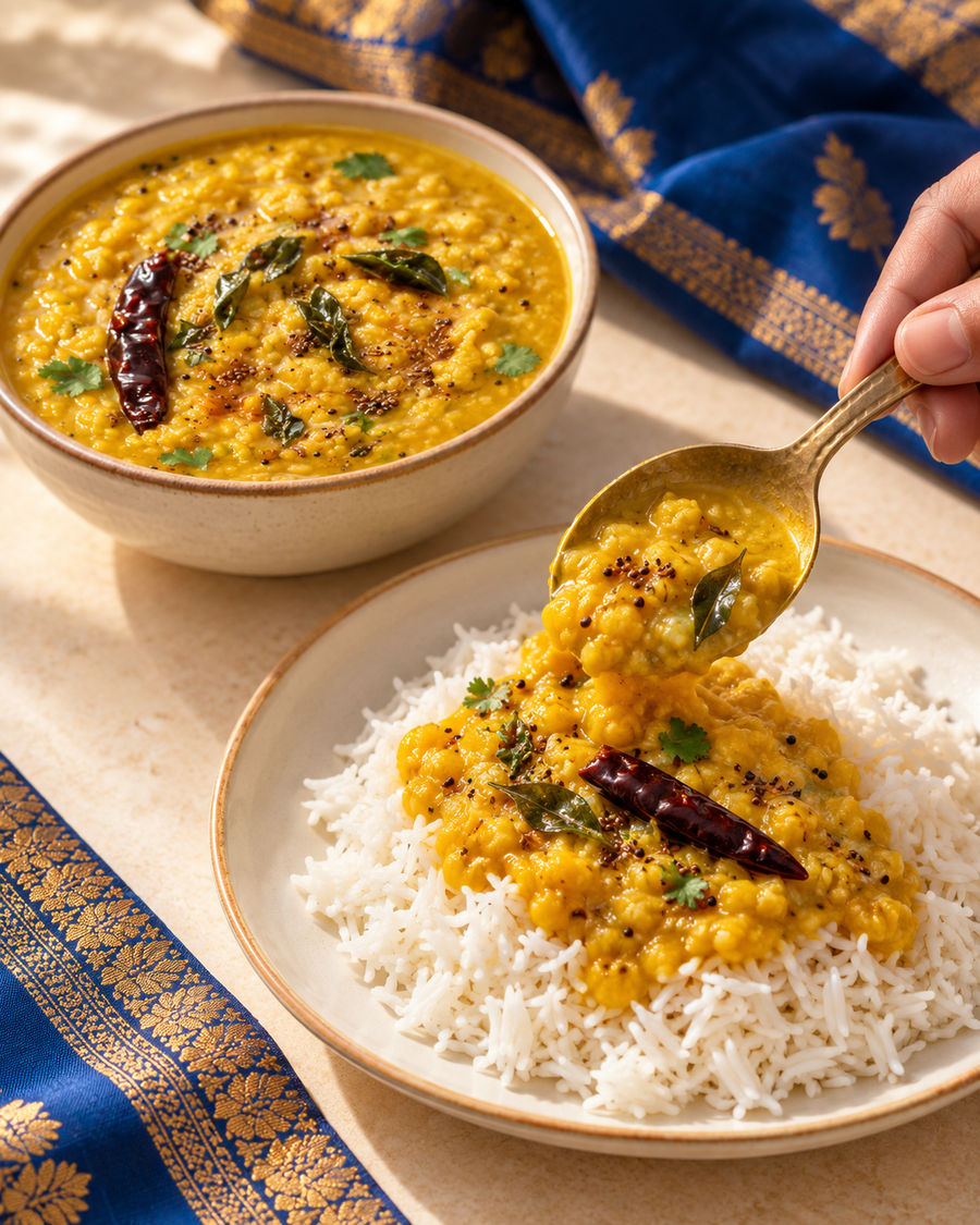 Jain Dal Fry served with rice