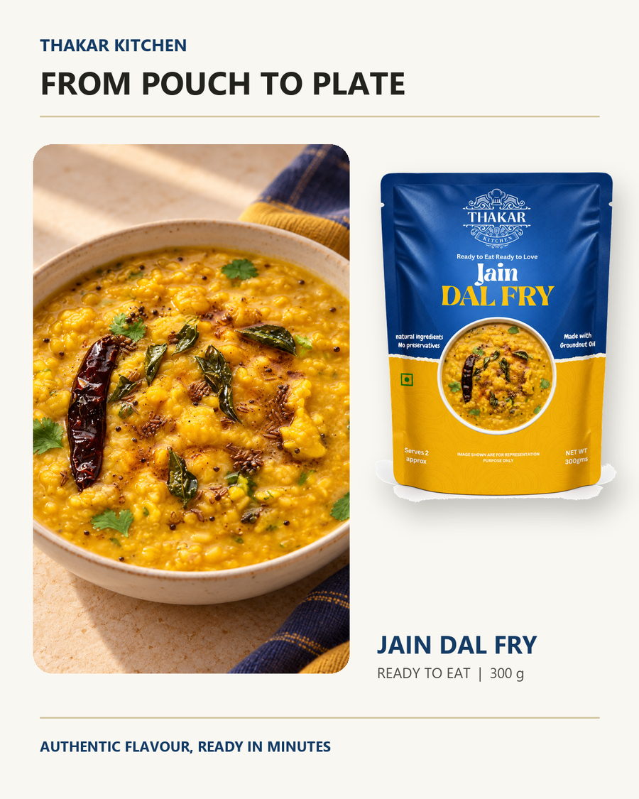 Jain Dal Fry pouch beside prepared dal