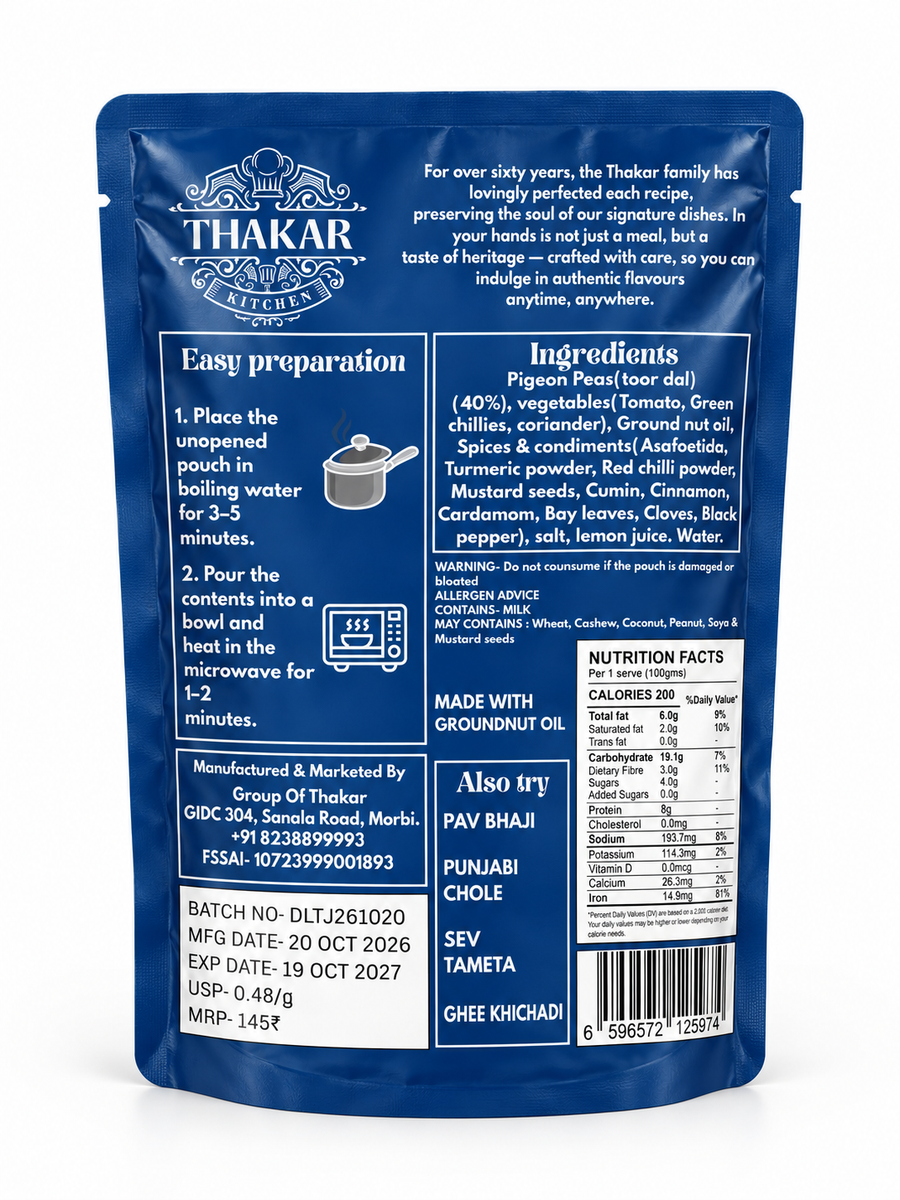 Thakar Kitchen Jain Dal Fry 300 g pouch back